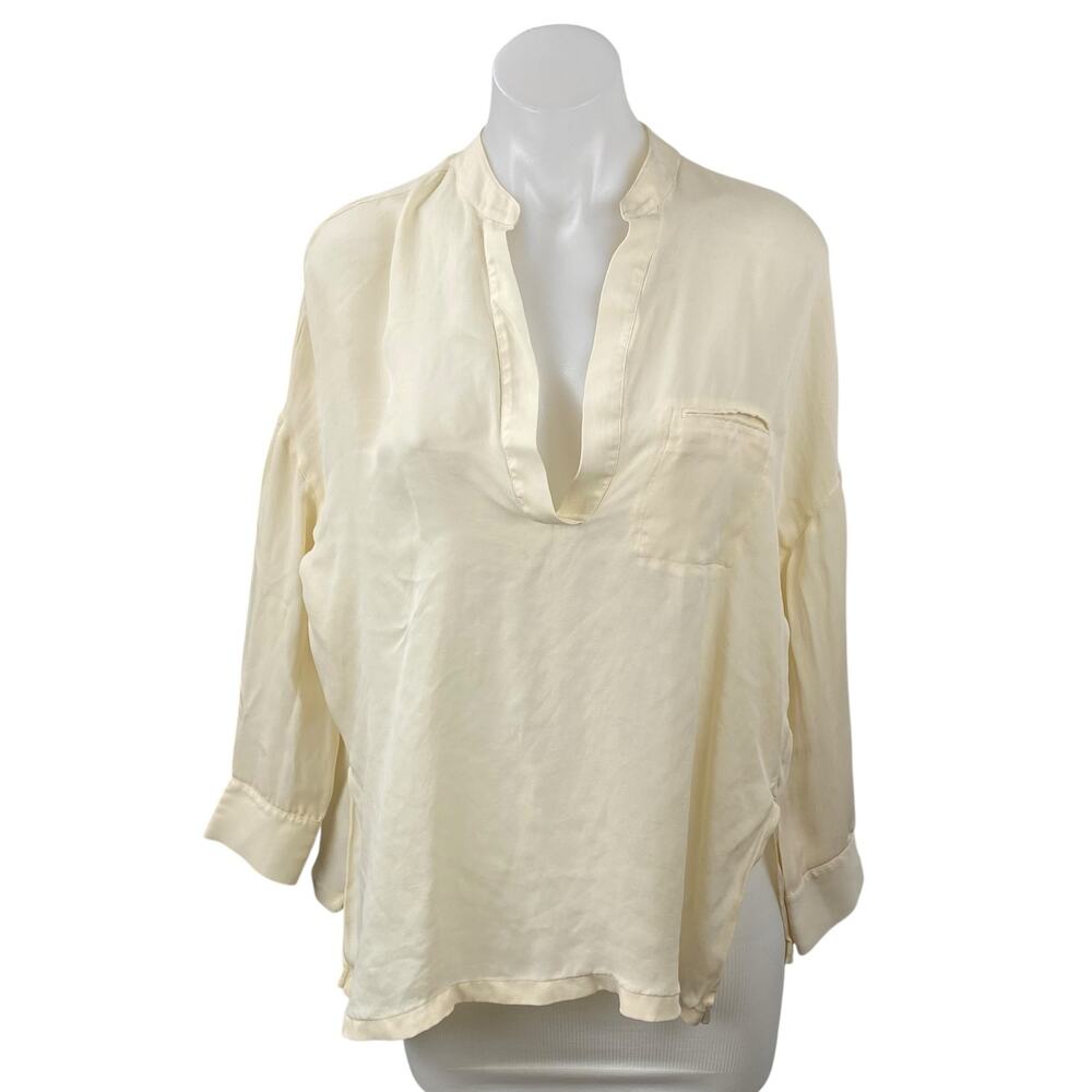 Vince 100% Silk Women's Cream V Neck Long Sleeve Tunic Henley Shirt Blouse Top S